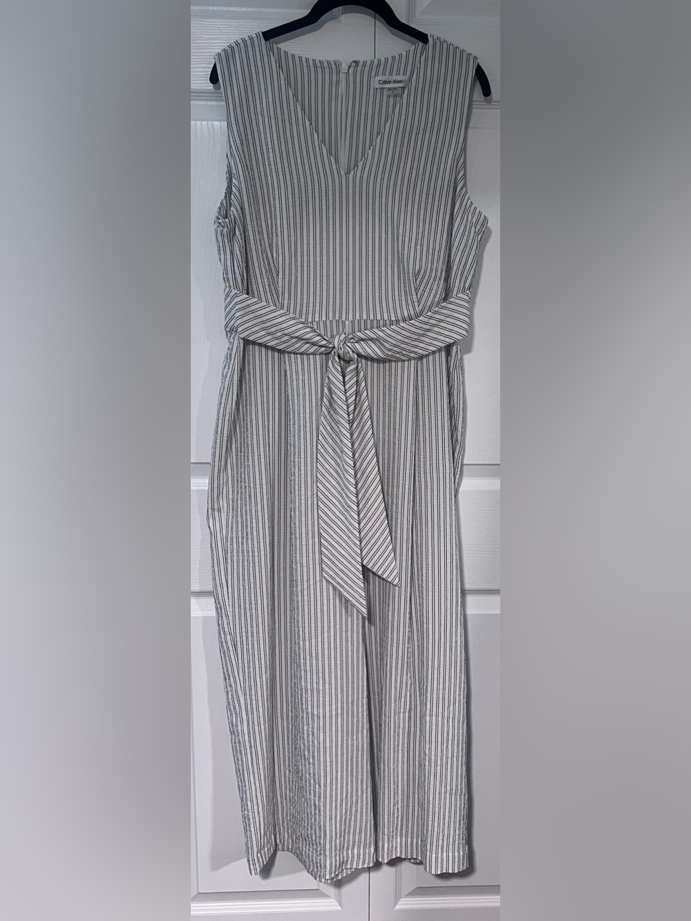 Calvin Klein Wide Leg White and Gray Striped Jumpsuit with Waist Tie